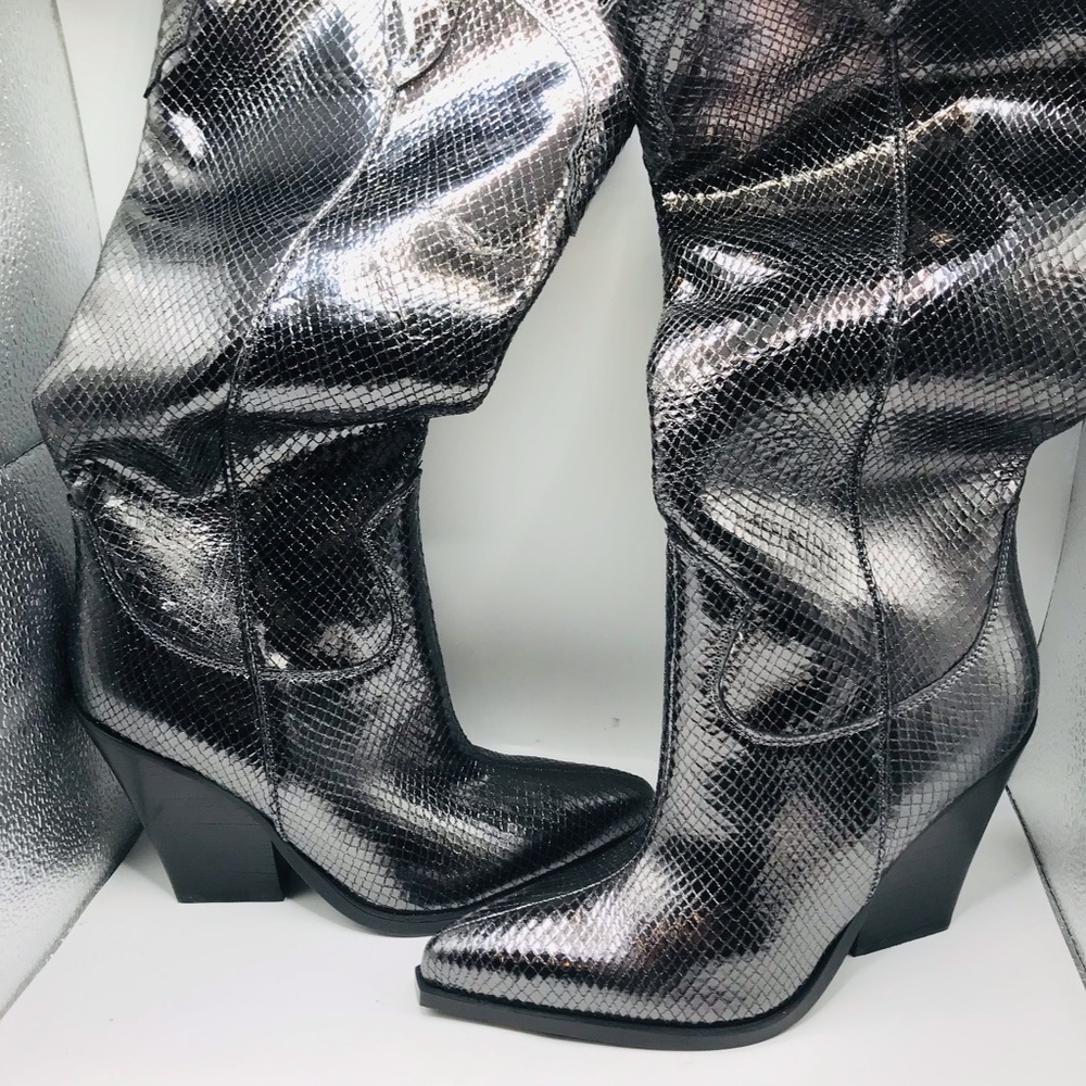 Marc fisher Metallic Snakeskin Knee-High Western Boots - Black/Silver - Picture 2 of 12
